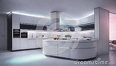 A futuristic kitchen with neon under-cabinet lighting, giving it a high-tech Stock Photo