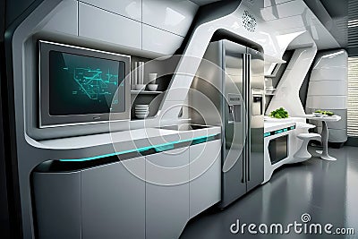 futuristic kitchen with sleek and streamlined design, featuring state-of-the-art appliances and high tech gadgets Stock Photo