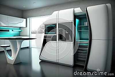 futuristic kitchen with sleek and streamlined design, featuring state-of-the-art appliances and high tech gadgets Stock Photo