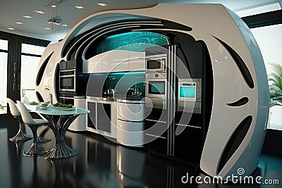 futuristic kitchen with sleek and streamlined design, featuring state-of-the-art appliances and high tech gadgets Stock Photo