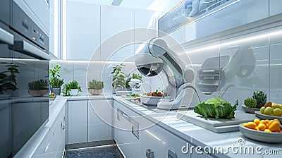 A futuristic kitchen where a robotic chef prepares meals tailored to individual health needs, using sustainably sourced Stock Photo