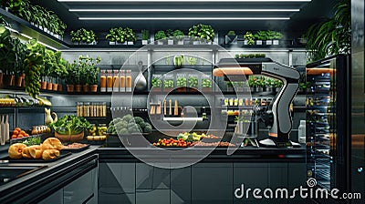 A futuristic kitchen where a robotic chef prepares meals tailored to individual health needs, using sustainably sourced Stock Photo