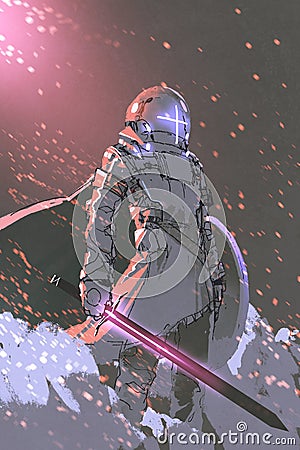 Futuristic knight with glowing sword Cartoon Illustration