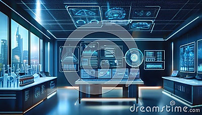 futuristic lab featuring holographic dashboards showcasing data science applications in finance, with advanced technology and Stock Photo