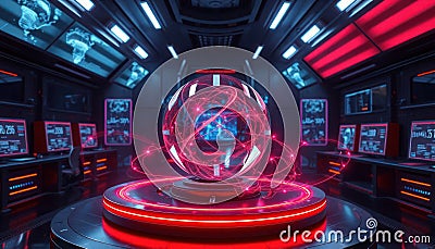 Futuristic lab shows quantum entanglement model. Interactive digital models display particle interactions. Advanced tech in Stock Photo
