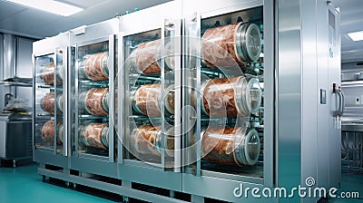 Futuristic laboratory with a cultured meat. Lab grown meat Stock Photo