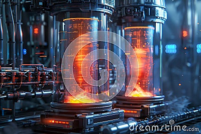 Futuristic Laboratory with Glowing Energy Cores in High Tech Research Facility Stock Photo