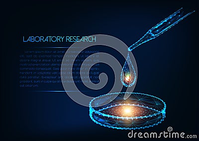 Futuristic laboratory research concept with glowing low polygonal pipette liquid drop and petri dish Vector Illustration