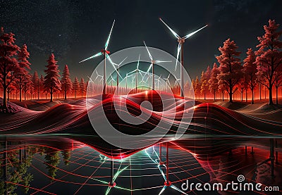 Futuristic landscape with windmills in the background. 3d rendering, generative ai Stock Photo