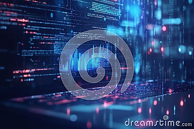 Futuristic laptop displaying digital data and code in a vibrant, high-tech environment with abstract neon lights and Stock Photo