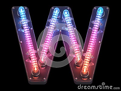 Futuristic led dots light font. Ultraviolet. Letter W. Cartoon Illustration