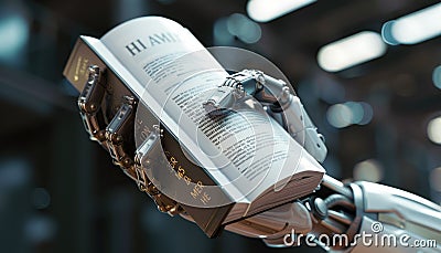 In a futuristic library, robot hands hold a tech book, symbolizing automation cybernetics AIG62 Stock Photo