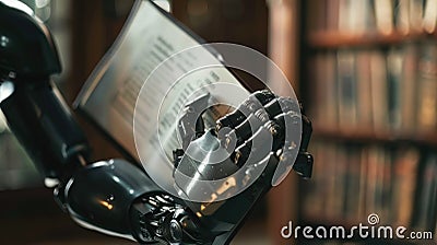 In a futuristic library, robot hands hold a tech book, symbolizing automation cybernetics AIG62 Stock Photo