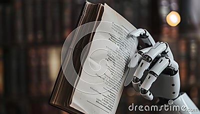 In a futuristic library, robot hands hold a tech book, symbolizing automation cybernetics AIG62 Stock Photo