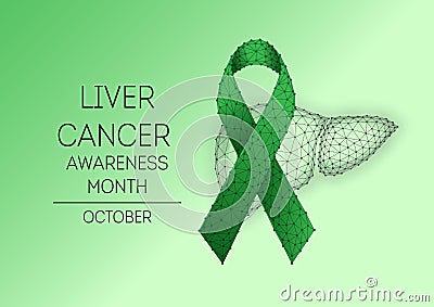 Futuristic Liver cancer awareness month, October banner with low polygonal green ribbon and human liver Vector Illustration