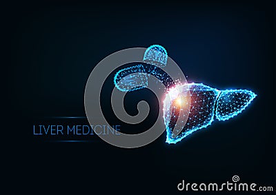 Futuristic liver medical treatment concept with glowing low polygonal human liver and capsule pills. Vector Illustration