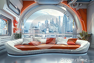 Futuristic living room, Cityscape vista and hi-tech decor Stock Photo