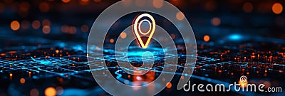 Futuristic Location Pin on Digital Map A glowing location pin symbol stands out against a digital map representing connection Stock Photo