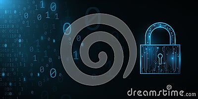 Futuristic lock from circuit computer board with binary code background. Hi-tech modern design. Programming banner. World network Vector Illustration