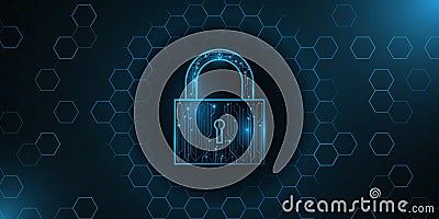 A futuristic lock made from a computer circuit board. Protected data. Glowing cyber padlock on a background with a pattern of Vector Illustration