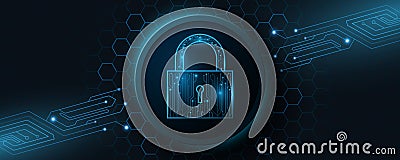 A futuristic lock made from a computer circuit board. Protected data. Glowing cyber padlock on a background with a pattern of Vector Illustration