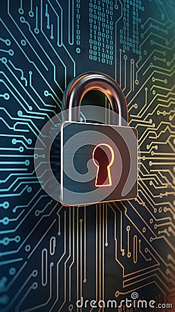 Futuristic lock surrounded by circuits and binary code, emphasizing digital protection Stock Photo
