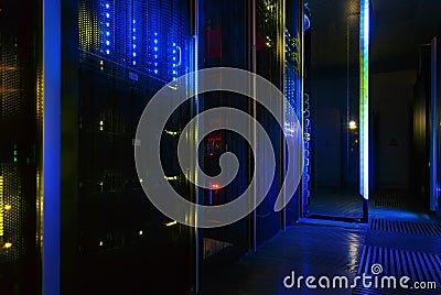 Futuristic look of the room with the mainframe in the data center. server room. Stock Photo