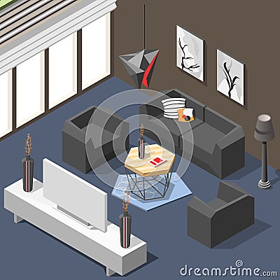 Futuristic Lounge Interior Isometric Background Vector Illustration