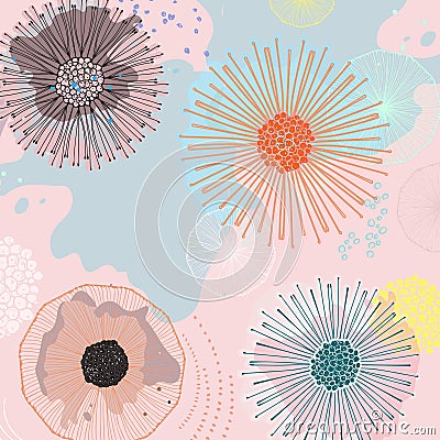 Futuristic magic flower background. Retro pinky texture with nature elements. Contemporary Digital art. Party decoration Vector Illustration