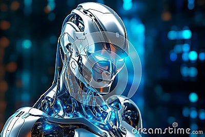Futuristic Man AI Robot with Advanced Technology Focus on Realizing Skills Futuristic in Programming Room Stock Photo