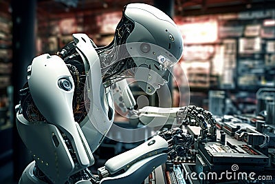 Futuristic Man AI Robot Equipped Advanced Technology Help Human Work in a Room Full of Machine Stock Photo