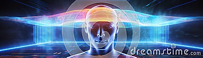 Futuristic man with a digital brain, perfect for themes related to AI, machine learning, and advanced computing in Stock Photo