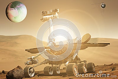 Futuristic mars rover exploring vasts of red planet b Stock Photo
