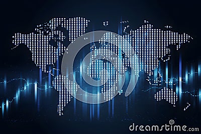 Futuristic matrix world map with vertical bars on dark background, giving a global data driven feel Stock Photo