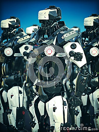 Futuristic Mechanized Police robot`s standing ready. Cartoon Illustration