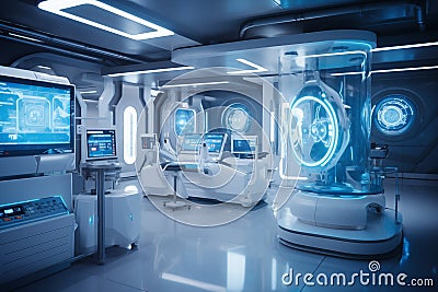 Futuristic medical facility lab where chip implants are standard practice for patient identification. Generative AI Stock Photo