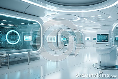 Futuristic medical facility where chip implants are standard practice for patient identification. Generative AI Stock Photo