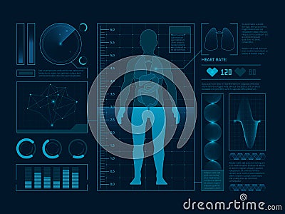 Futuristic medical symbols of scan for web interface. Visualization of digital human verify. Vector Hud Vector Illustration