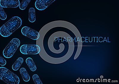 Futuristic medicine concept with glowing low polygonal capsule pills on dark blue background. Vector Illustration