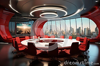 Futuristic meeting room in modern office, round conference table Stock Photo