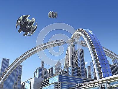 Futuristic mega city with drones Stock Photo