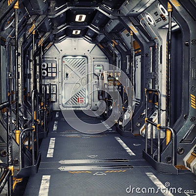Futuristic metal Sci-Fi Corridor tunnel or ship interior . 3d rendering illustration . Cartoon Illustration