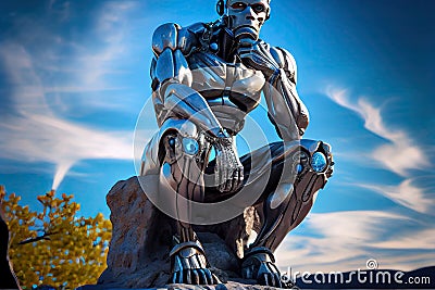 Futuristic Metallic Android thinking sitting on a stone. AI art generated Cartoon Illustration