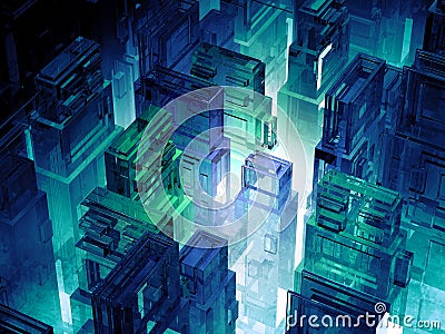 Futuristic micro chips city. Computer science information technology background. Sci fi megalopolis. 3d illustration Cartoon Illustration