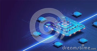 Futuristic microchip processor with lights on the blue background. Quantum computer, large data processing, database Vector Illustration