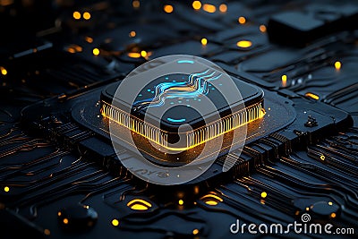 Futuristic microchip technology with glowing circuits and intricate design representing advanced computing and innovation Stock Photo