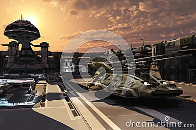 Futuristic military base and antigravity tank Stock Photo