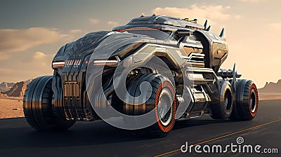 Futuristic Military Truck Concept Illustration on Highway Stock Photo