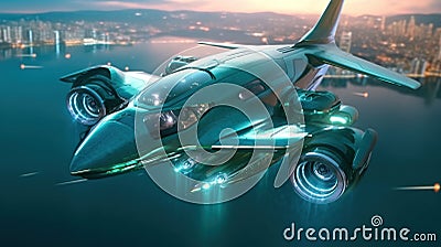 A Futuristic Modern Aircraft Flying on Metro City on Blurry Background Stock Photo