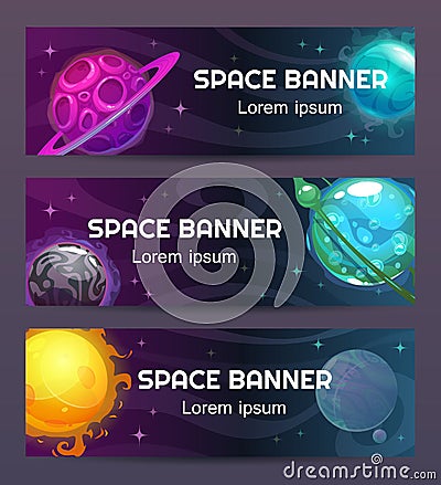 Futuristic modern horizontal space banners set. Cosmic concept. Vector Illustration